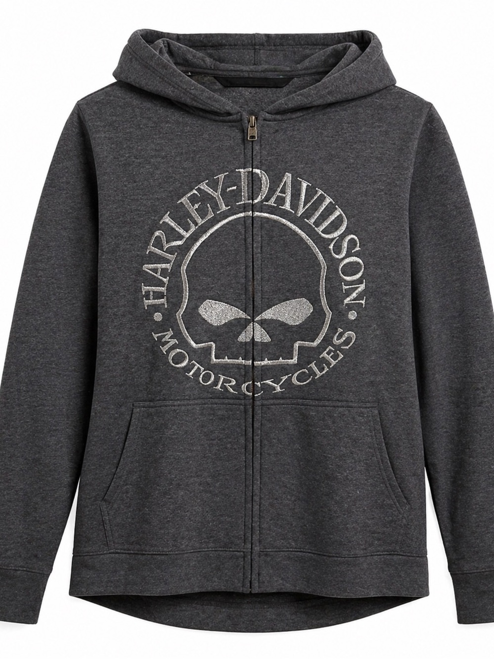 Harley-Davidson Charcoal Gray Skull Zip Hoodie with Silver Embroidery